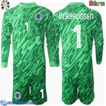 Fotballdrakt Barn Nederland Bart Verbruggen #1 Keeper Hjemmedraktsett EM 2024 Langermet (+ Korte bukser)